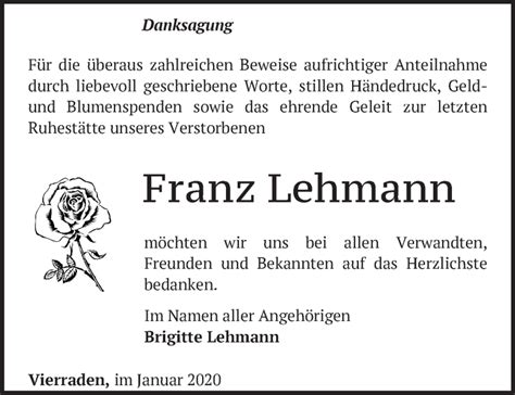 Traueranzeigen von Franz Lehmann Märkische Onlinezeitung Trauerportal