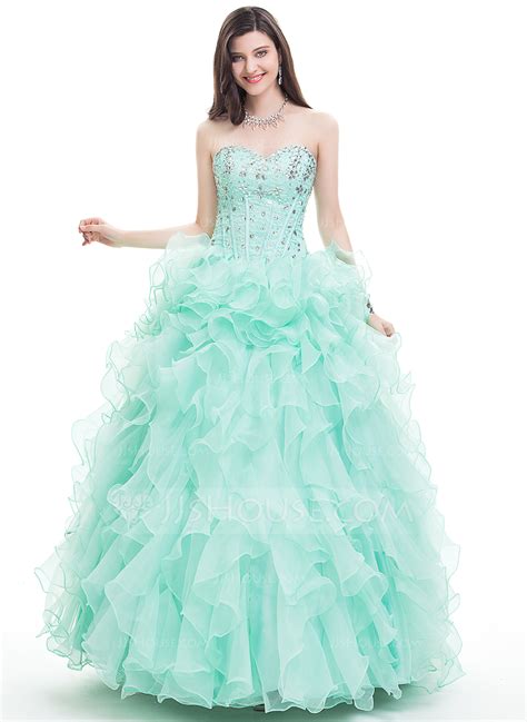 Ball Gown Sweetheart Floor Length Organza Prom Dresses With Beading