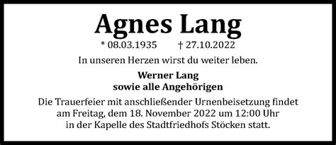 Traueranzeigen Von Agnes Lang Trauer Anzeigen De