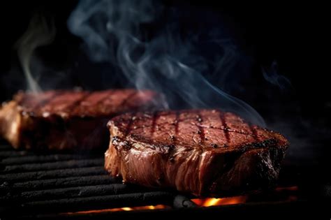 Premium AI Image Beef Steaks On The Grill With Smoke And Flames