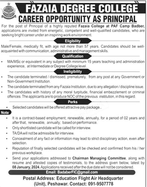 Fazaia Degree College PAF Camp Badaber Jobs 2023 For Males Females