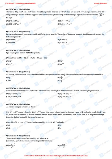 Atomic Structure Nta Abhyas Test Chapter Wise Questions Atomic