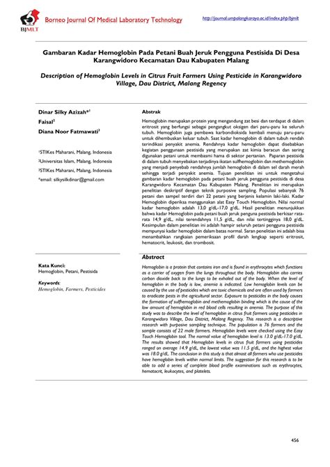 Pdf Gambaran Kadar Hemoglobin Pada Petani Buah Jeruk Pengguna