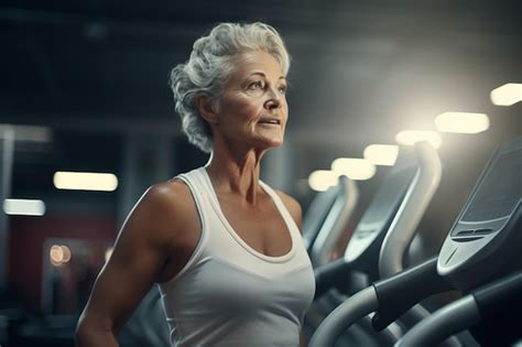 Premium Photo | Athletic elderly woman on a treadmill in a gym doing cardio before workout