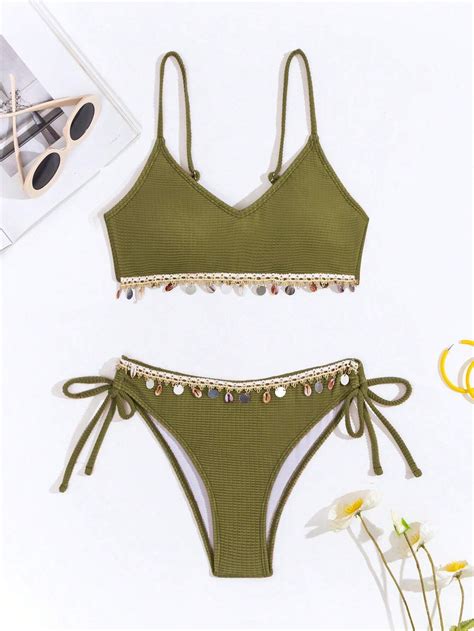 SHEIN Swim Conjunto de bikini tejido con parche de banda y decoración