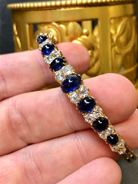 Victorian K Sugarloaf Cabochon Sapphire Mine Diamond Cuff Bracelet