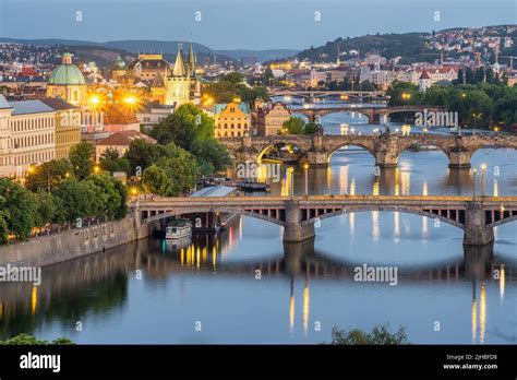 Prague Cityscape At Night Prague Old Town Charles Bridge And Vltava