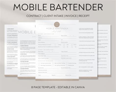 Mobile Bar Contract Template Canva Editable Bartender Contract Mobile