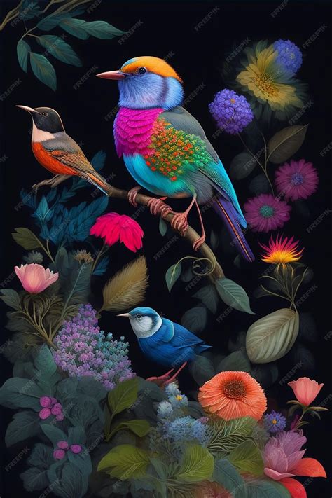 Premium AI Image | A painting of birds on a branch with flowers and leaves.