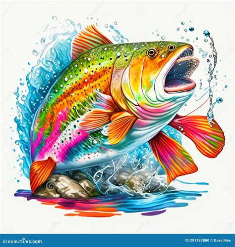 Colorful Rainbow Trout Jumping Out Of The Water Illustration Stock Illustration Illustration