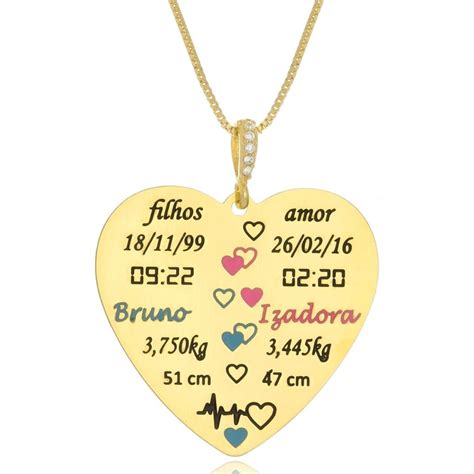 Colar Personalizado Dados De Dois Filhos Banhado A Ouro K Ou Em