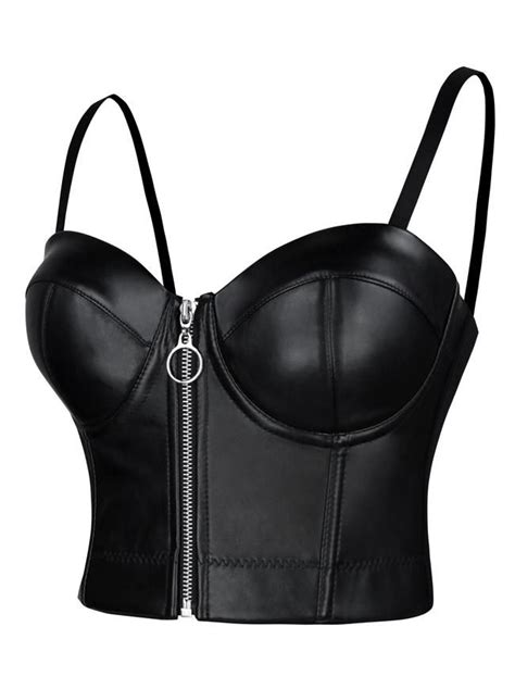 Punk Faux Leather Spaghetti Front Zipper Bustier Corset Crop Top