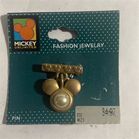 Vintage Disney Mickey Mouse Brooch Pin Faux Pearl Gold Tone Dangling