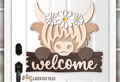 Highland Cow Door Hanger Svg Welcome Sign Svg Daisy Svg Etsy