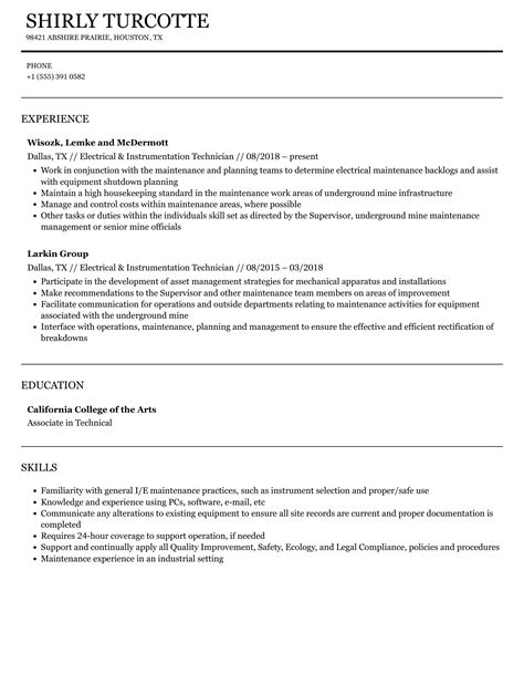 Electrical & Instrumentation Technician Resume Samples | Velvet Jobs