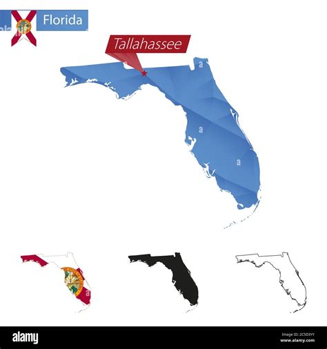 State Of Florida Blue Low Poly Map With Capital Tallahassee Versions With Flag Black And