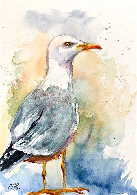 Un goéland en aquarelle originale peinture de goéland art déco sur le