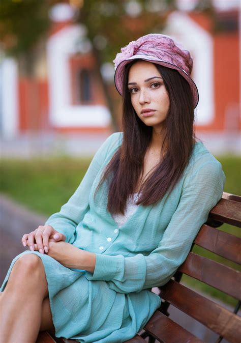 Brunette Hat Women Bench Long Hair Dress Pink Straight Hair