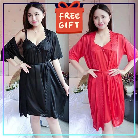 Freegift Baju Tidur Wanita Two Pieces Set Robes Sexy Lingerie Sleepwear Nightwear Pyjamas Baju