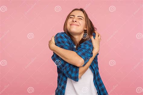 I Love Myself Portrait Of Charming Girl In Checkered Shirt Hugging