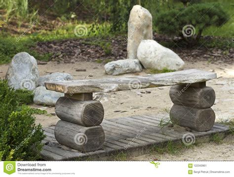 Wooden Bench In The Japanese Garden Of Stones Stock Image Image Of