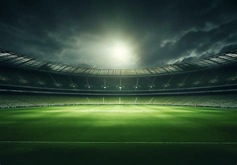 Photo of a soccer stadium at night with stadium light. The stadium was
