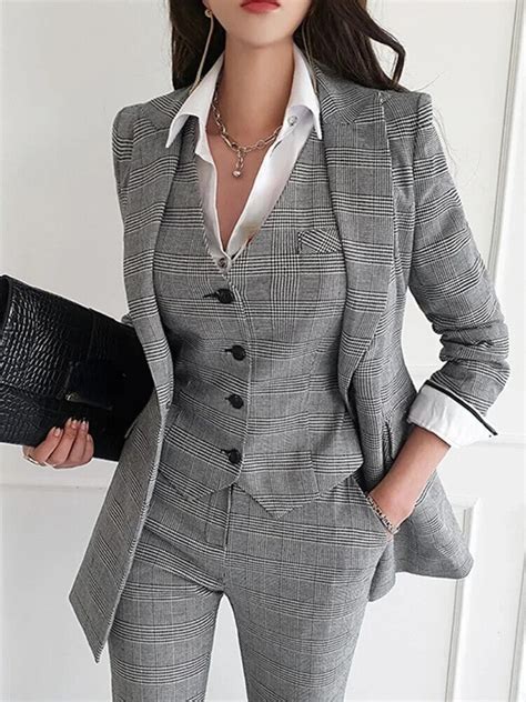 Women Formal Blazer Pieces Suit Office Work Plaid Jacket Vest