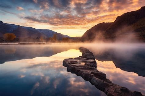 Premium Photo Steamy Hot Spring Reflecting The Sky At Sunrise Created With Generative Ai