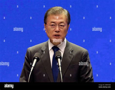 South Korean President Moon Jae In Speaks During A Ceremony To