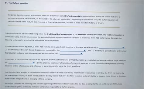 Solved 14. The DuPont equation Corporate decision makers and | Chegg.com