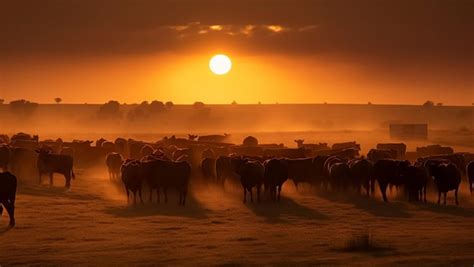 Premium Photo | Herd of cows graze in the pasture in sunset created ...