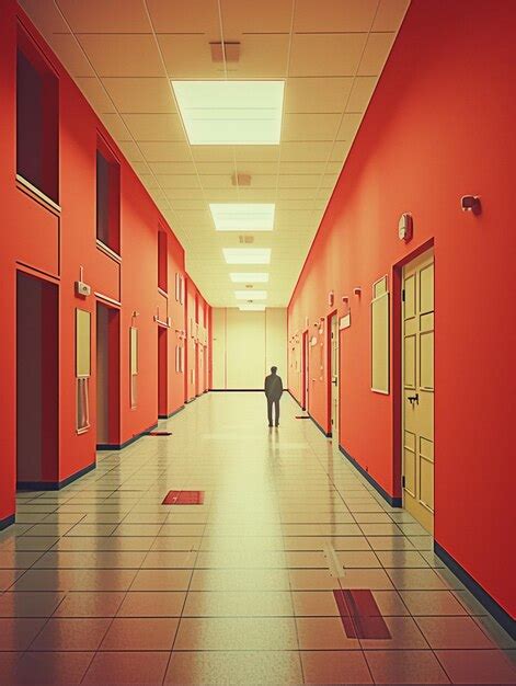 Premium Ai Image A Man Walks Down A Hallway With Red Walls And A