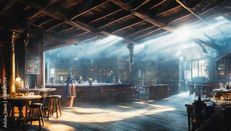 Friendly medieval fantasy tavern inn, concept art interior Stock ...