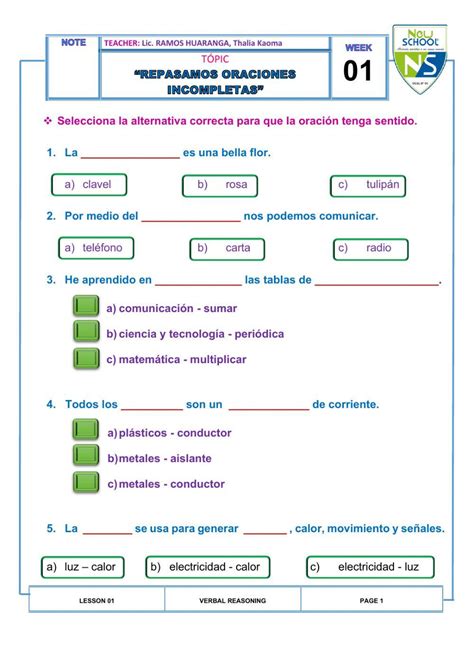 Oraciones Incompletas Razonamiento Verbal Worksheet Live Worksheets