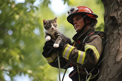 Premium Ai Image Heroic Firefighter Rescuing Kitten From Tree