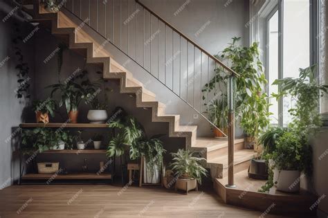 Premium Photo | Interior design with plants on stairs