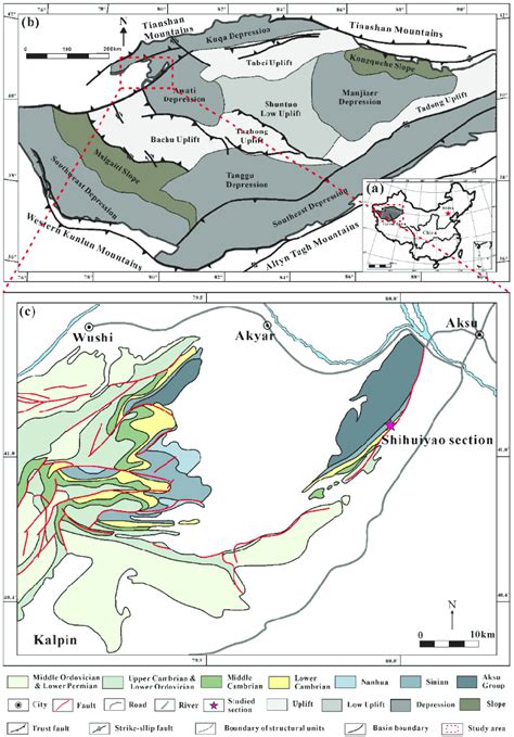 (a) Location of the Tarim Basin (modified from [50]). (b) Structural... | Download Scientific ...