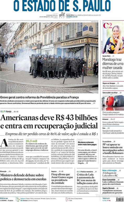 Capa Estadão Edição Sexta 20 de Janeiro de 2023