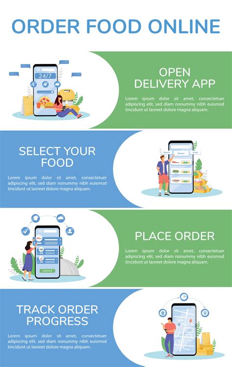 Food order flat color vector infographic template. Mobile app poster ...