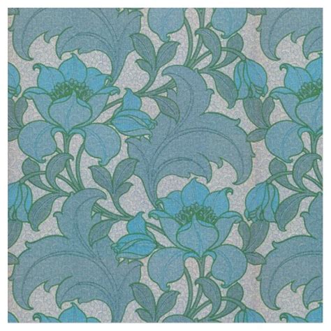 Vintage Art Nouveau Blue Floral Pattern Fabric | Zazzle