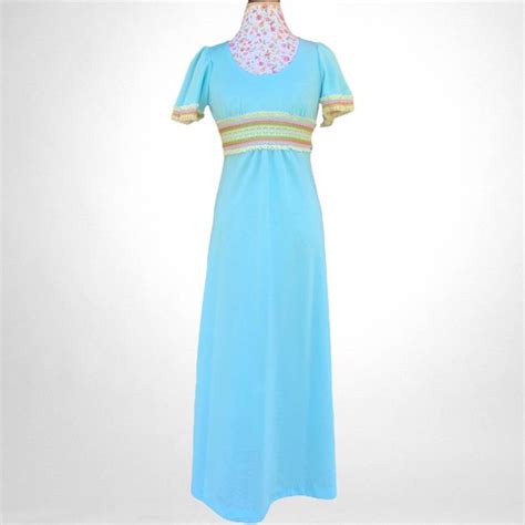 Vintage 70s Dress Light Sky Blue Empire Waist Maxi C Gem