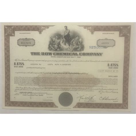 Vintage 1970s Dow Chemicals Stock Certificate Brown Collectible American Icon Vintage And