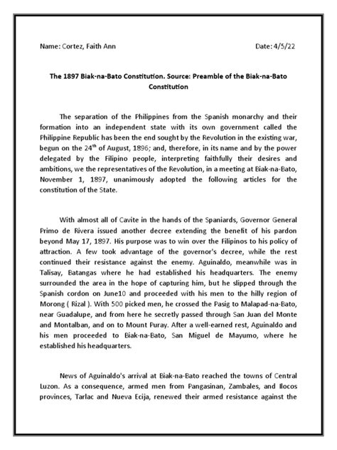 The 1897 Biak Na Bato Constitution Pdf Government