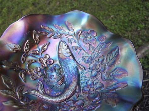 Antique Millersburg Amethyst Trout And Fly Carnival Glass Bowl Carnival Glass