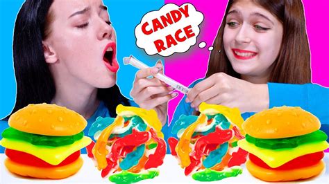 Asmr Candy Race With Gummy Eyeballs Jelly Straws Gummy Burgers Youtube