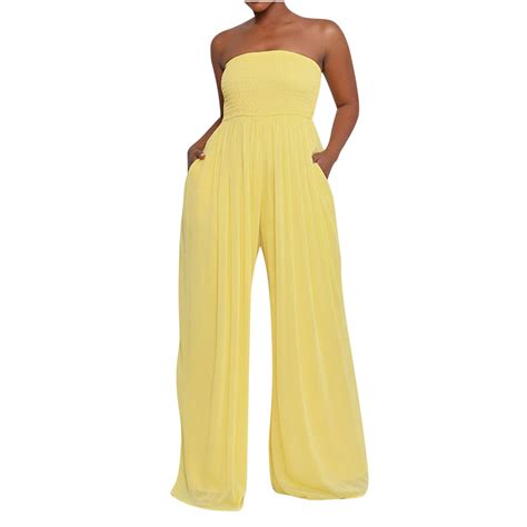 Womens Strapless Tube Wide Leg Jumpsuits Smocked Jumpsuits Dressy