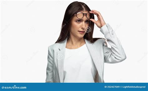 Confused Businesswoman In Grey Blazer Adjusting Stock Image Image Of Makeup Confused 252427049