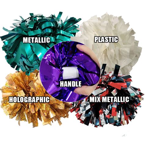 Metallic Solid Color Cheer Poms Built In Handle Custom Holographic