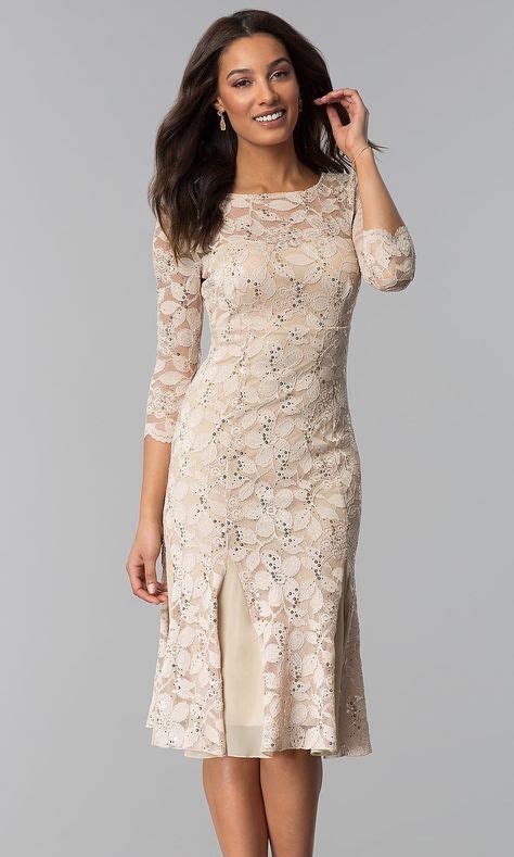 Scoop Neck Lace Wedding Guest Dress With Sleeves Tea Length Dresses