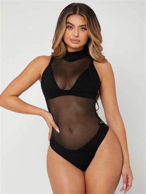 SHEIN SXY Mock Neck Sheer Mesh Bodysuit Without Lingerie SHEIN USA